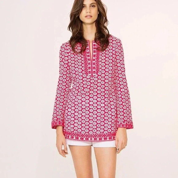 TORY BURCH EUC Jayne Mod Flower Print Sequin Tunic Top - Picture 1 of 11